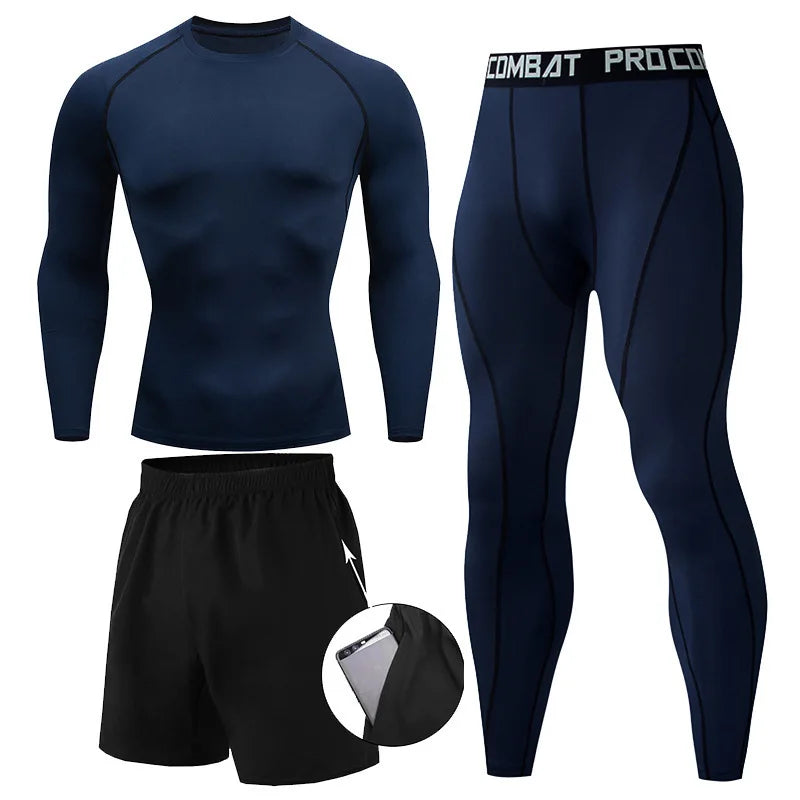 Set de Compresión Deportiva para Hombre – 3 Piezas: Camiseta Manga Larga, Pantalón y Shorts