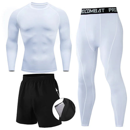 Set de Compresión Deportiva para Hombre – 3 Piezas: Camiseta Manga Larga, Pantalón y Shorts