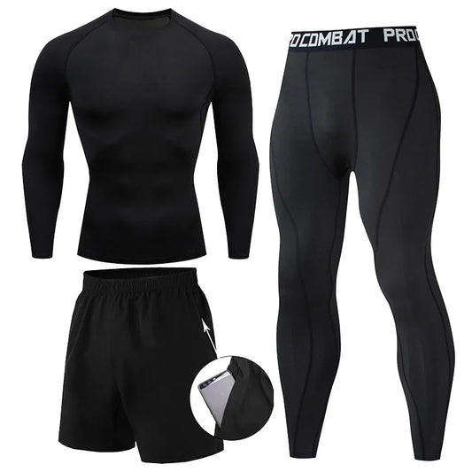 Set de Compresión Deportiva para Hombre – 3 Piezas: Camiseta Manga Larga, Pantalón y Shorts