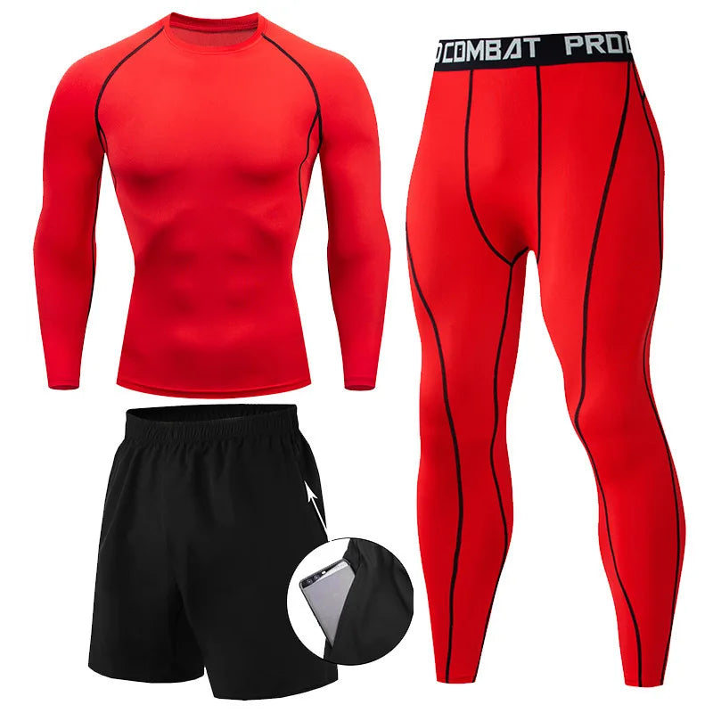 Set de Compresión Deportiva para Hombre – 3 Piezas: Camiseta Manga Larga, Pantalón y Shorts