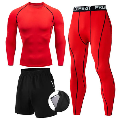 Set de Compresión Deportiva para Hombre – 3 Piezas: Camiseta Manga Larga, Pantalón y Shorts