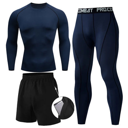 Set de Compresión Deportiva para Hombre – 3 Piezas: Camiseta Manga Larga, Pantalón y Shorts
