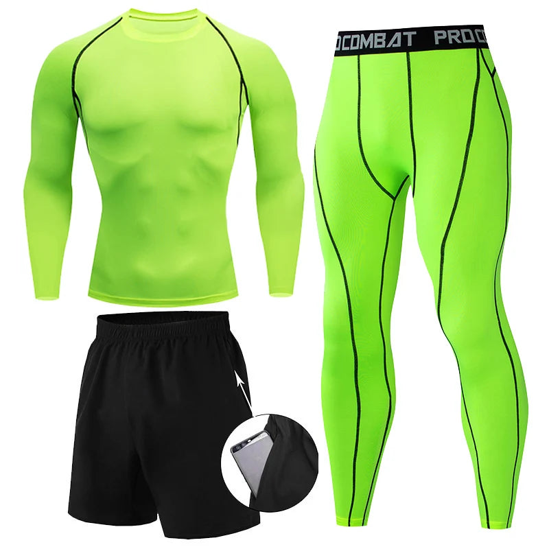 Set de Compresión Deportiva para Hombre – 3 Piezas: Camiseta Manga Larga, Pantalón y Shorts