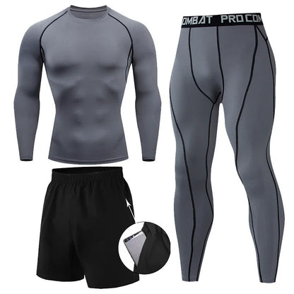 Set de Compresión Deportiva para Hombre – 3 Piezas: Camiseta Manga Larga, Pantalón y Shorts